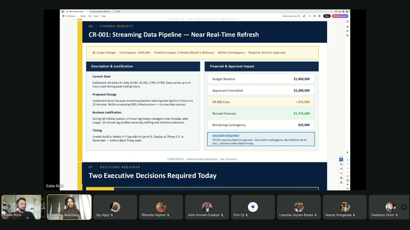 A recorded SteerCo gate review on a video call: a member presents a change request slide with its budget impact while Eddie and other members watch